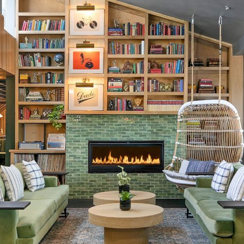 Cozy, modern library-lounge with green sofas, hanging chair, built-in bookshelves, fireplace, and warm ambience for social reading and conversation.